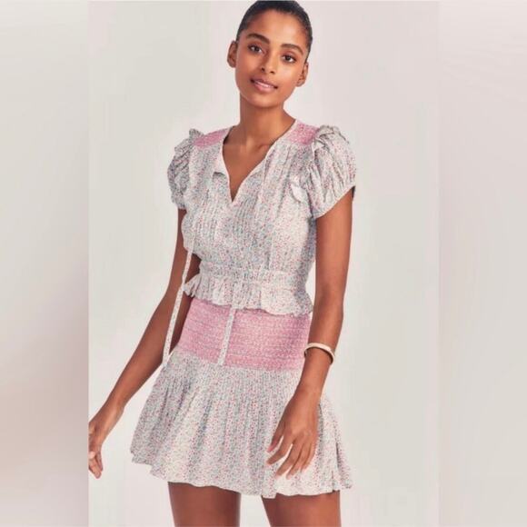 LoveShackFancy NWT Toto Pink Floral Smocked Cottagecore Mini Dress size Small - Picture 1 of 16